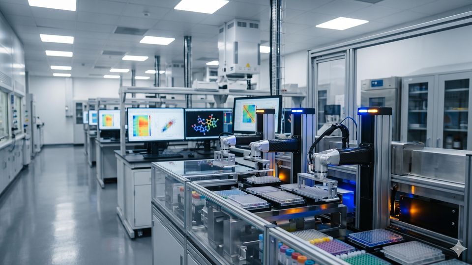 Robotic liquid handlers and high-throughput screening instruments in a brightly lit, modern biopharma laboratory.