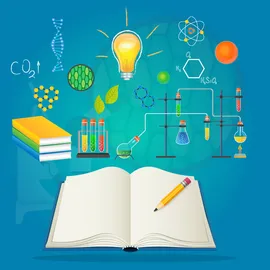 Illustration of an open book with lab equipment and science icons for acoustic flow cytometry.