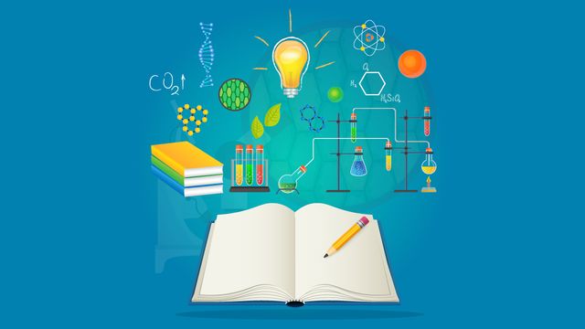 Illustration of an open book with lab equipment and science icons for acoustic flow cytometry. 