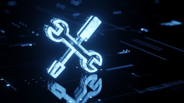 Glowing digital wrench icon on a futuristic blue interface, representing software tools, maintenance, or diagnostics. 