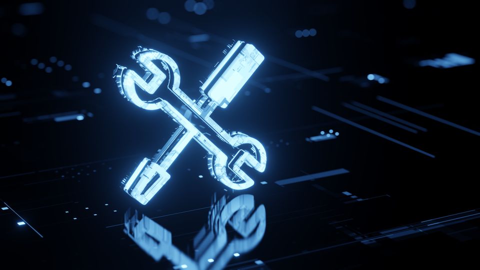 Glowing digital wrench icon on a futuristic blue interface, representing software tools, maintenance, or diagnostics.