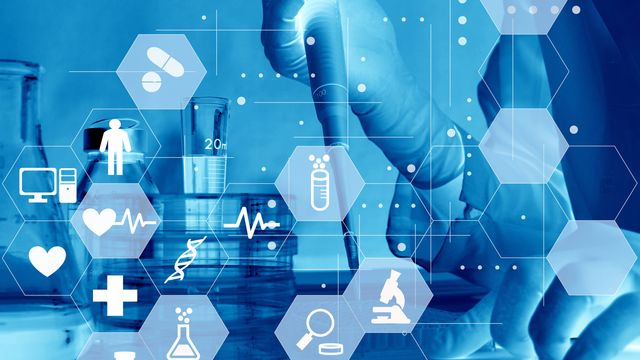 Gloved researcher using a pipette in a lab with digital healthcare, genomics, and diagnostics icons overlay. 