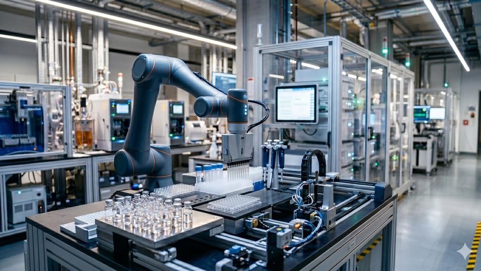 Robotic arm operating automated liquid-handling equipment in a modern pharmaceutical self-driving laboratory.