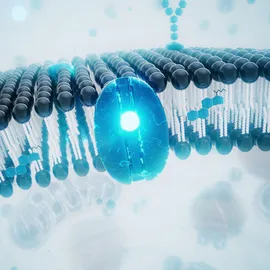 Illustration of membrane proteins embedded in a lipid bilayer for detergent-free purification.