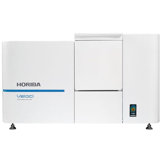 Front view of HORIBA Veloci Biopharma Analyzer, a white laboratory instrument with blue accent stripe 