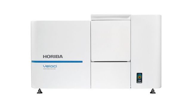 Front view of HORIBA Veloci Biopharma Analyzer, a white laboratory instrument with blue accent stripe 