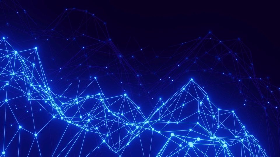 Abstract plexus network with glowing blue nodes and connecting lines.