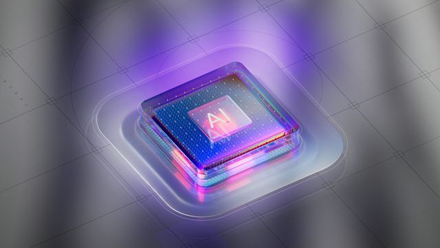 AI processor chip illustration with glowing circuitry representing artificial intelligence technology. 