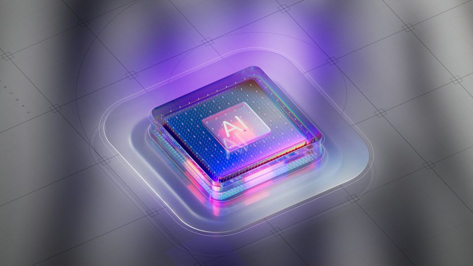 AI processor chip illustration with glowing circuitry representing artificial intelligence technology.