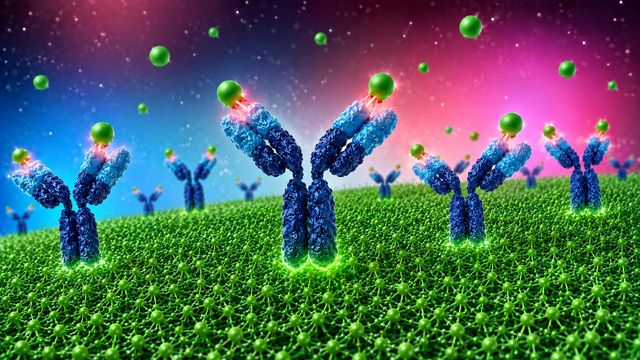 Illustration of antibodies binding targets, highlighting next-generation bioconjugation chemistry. 