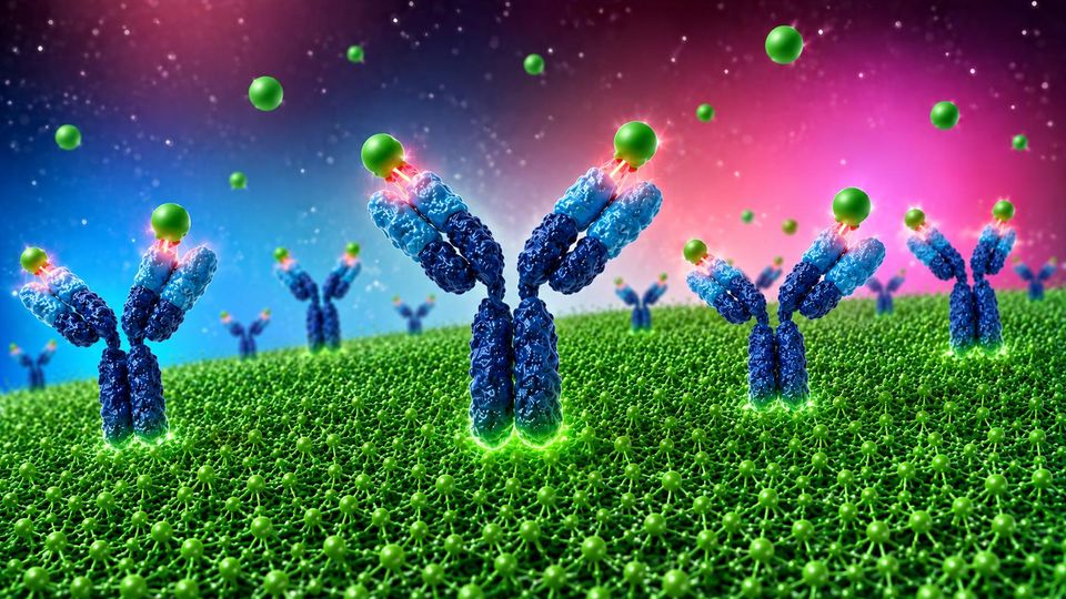 Illustration of antibodies binding targets, highlighting next-generation bioconjugation chemistry.