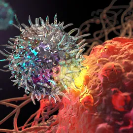 3d rendering of CAR T-cell therapy working to fight cancer.