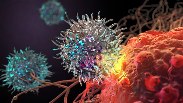 3d rendering of CAR T-cell therapy working to fight cancer. 