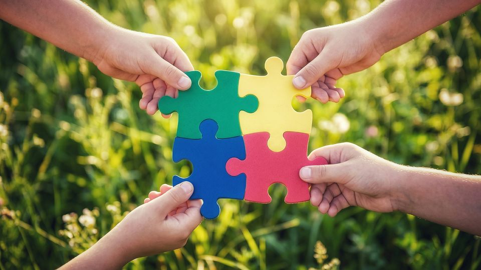 Four hands connecting colorful puzzle pieces against a grass background.