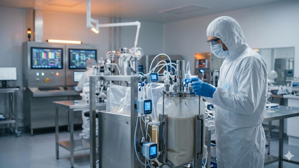 Scientist monitors inline spectroscopic sensors on a bioreactor in a modern biopharmaceutical manufacturing lab.