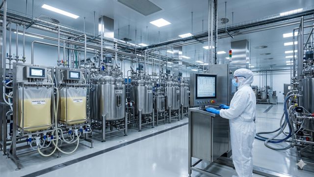 Scientist monitoring real-time bioprocess data on PAT dashboard screens in a biomanufacturing facility. 