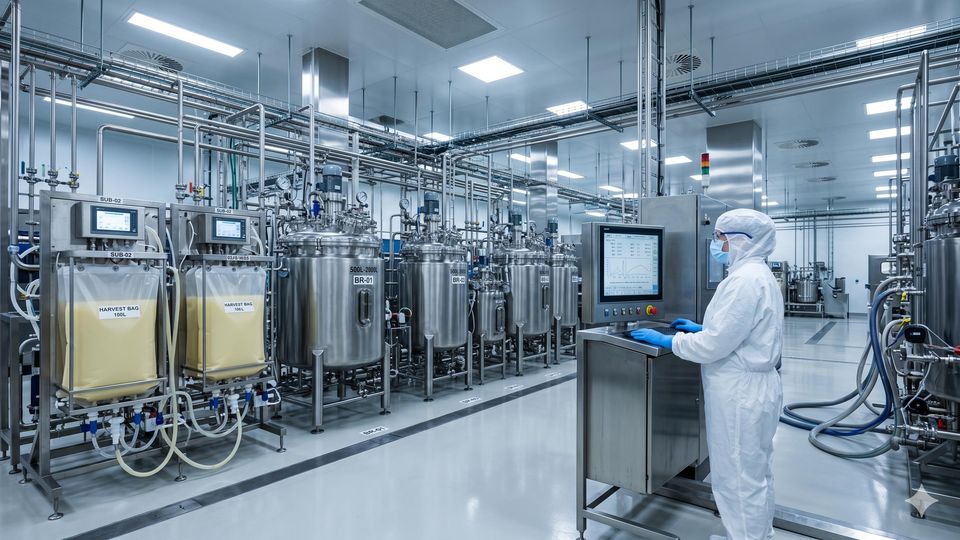 Scientist monitoring real-time bioprocess data on PAT dashboard screens in a biomanufacturing facility.