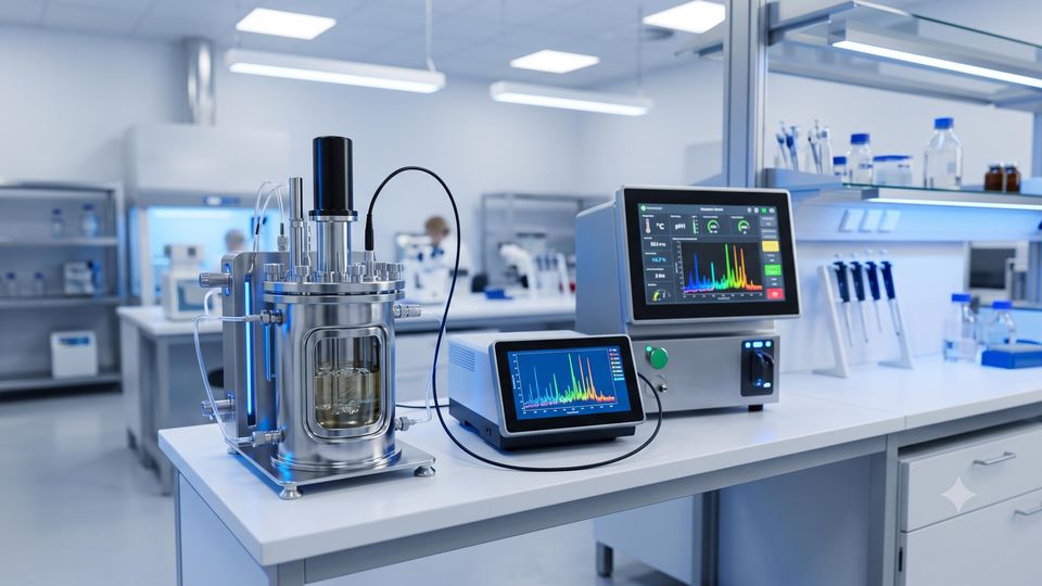 A benchtop bioreactor with two digital control screens displaying data graphs in a clean biotech laboratory.