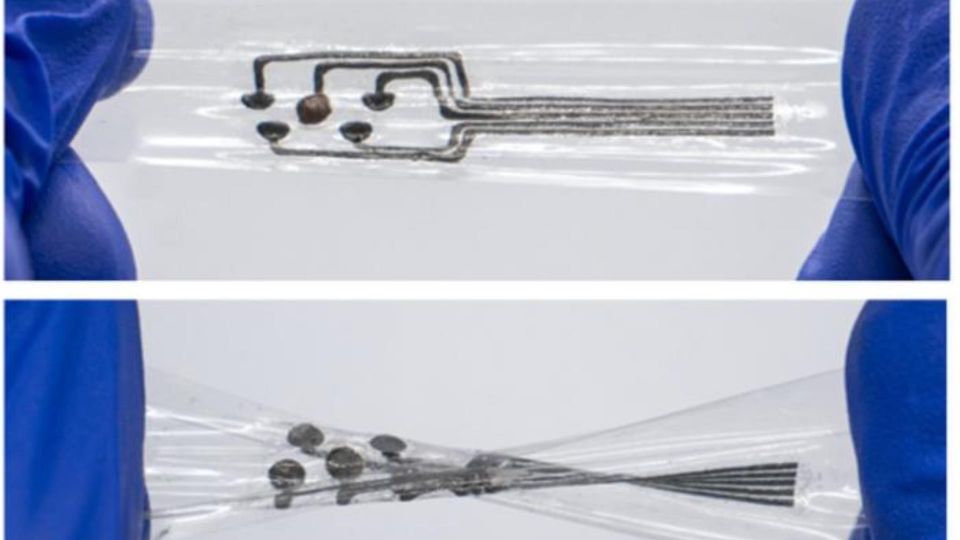 Flexible bioelectronic material with embedded microcircuits.