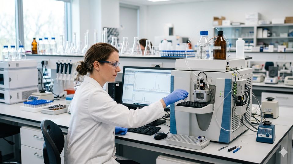 A female scientist operates a mass spectrometer in a modern pharmaceutical laboratory.