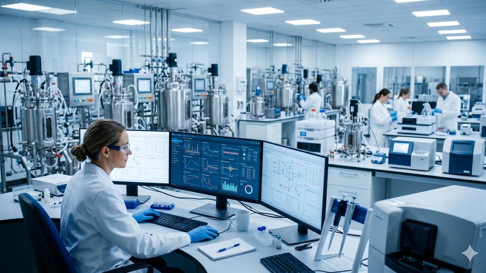 A scientist analyzes data dashboards on multiple monitors in a modern pharmaceutical bioprocessing lab.
