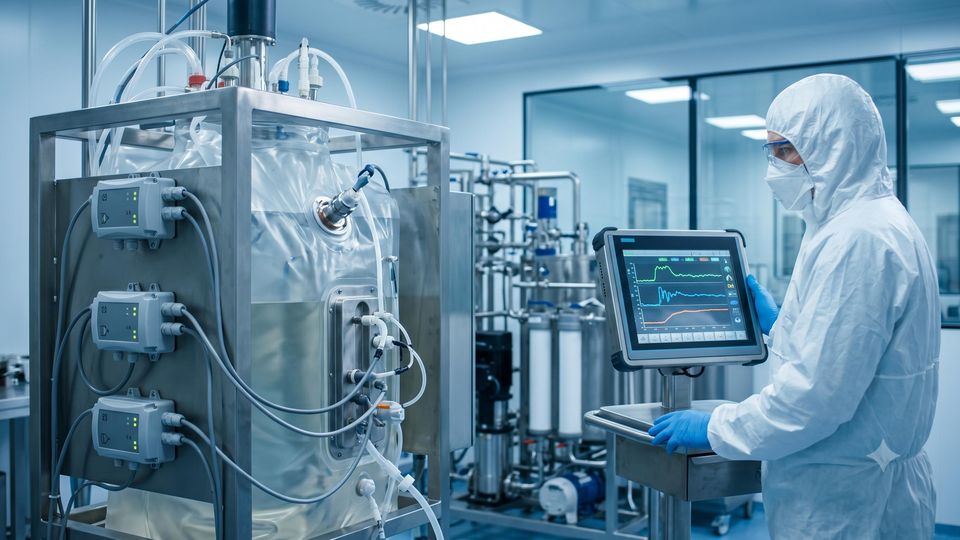 AI-generated gowned scientist monitors a single-use bioreactor system using a digital screen in a clean lab.