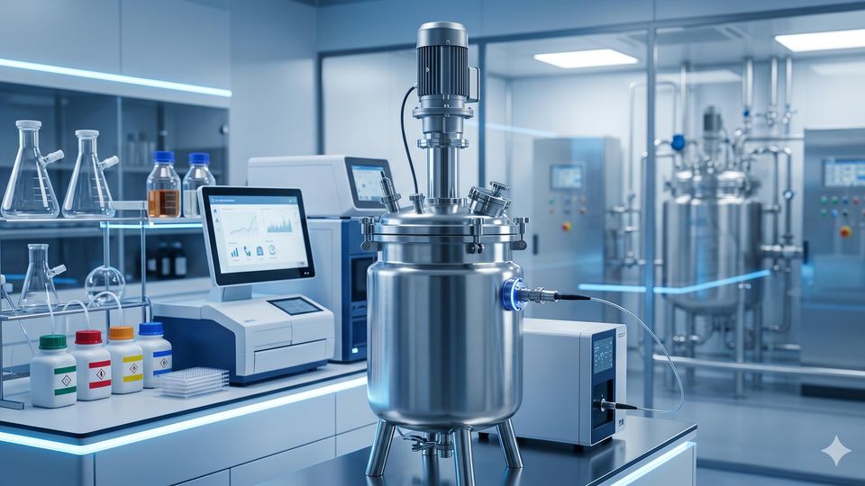 AI-generated stainless-steel bioreactor with an optical probe and digital screen in a modern bioprocessing laboratory.