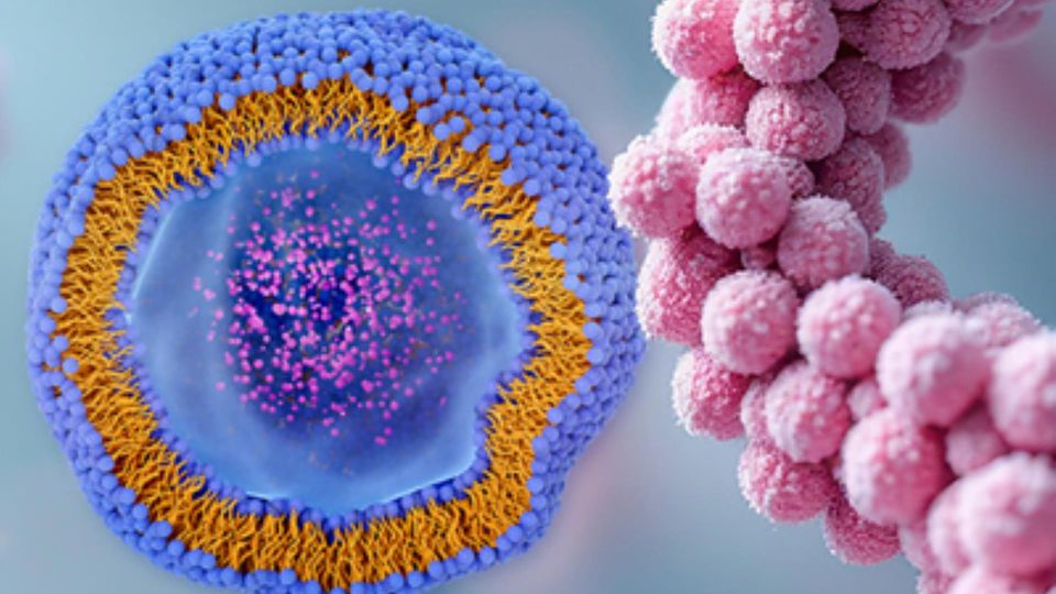 Illustration of a biological cell beside a DNA strand.