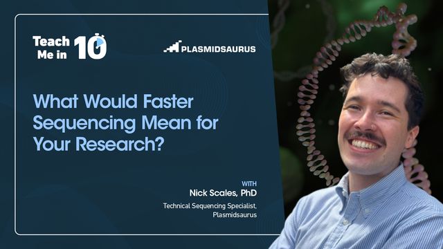 Nick Scales smiling next to the title of his presentation "What Would Faster Sequencing Mean for Your Research?" 