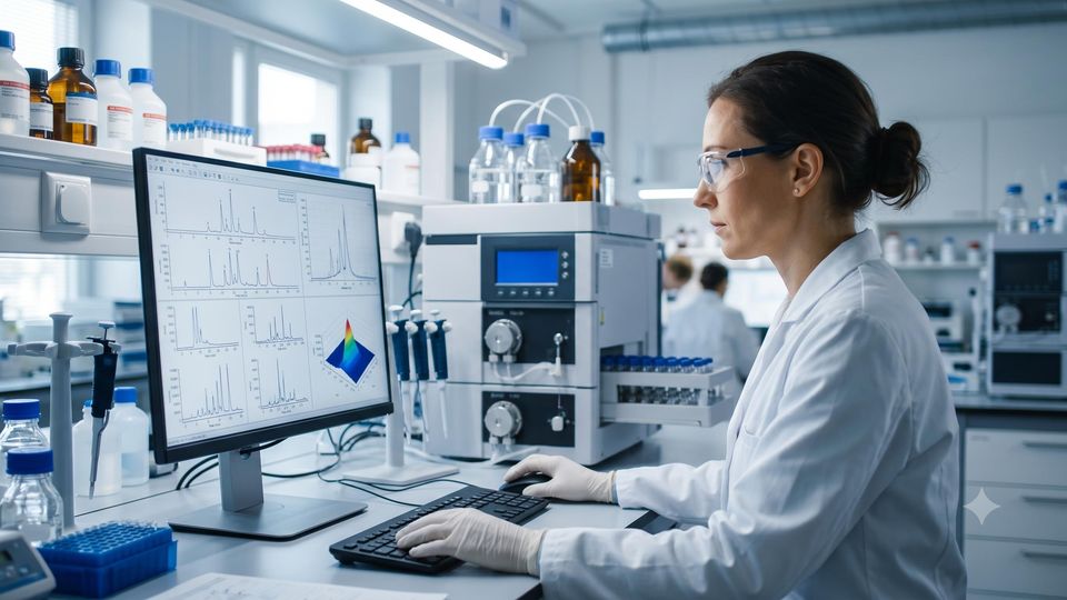 AI-generated scientist analyzes chromatography data on a computer monitor in a modern laboratory.