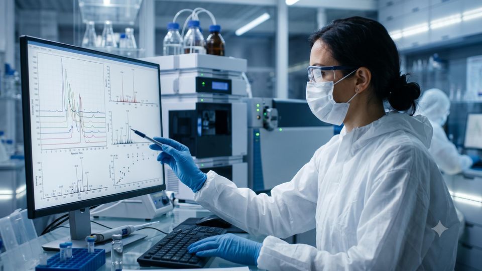 AI-generated scientist in a cleanroom suit points at data graphs on a monitor in a modern lab.
