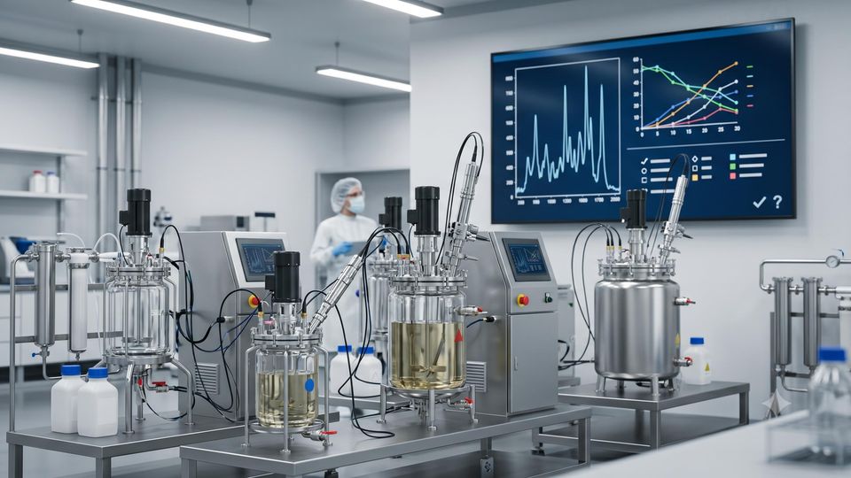 AI-generated small-scale bioreactors in a laboratory with a large wall monitor displaying real-time data charts.