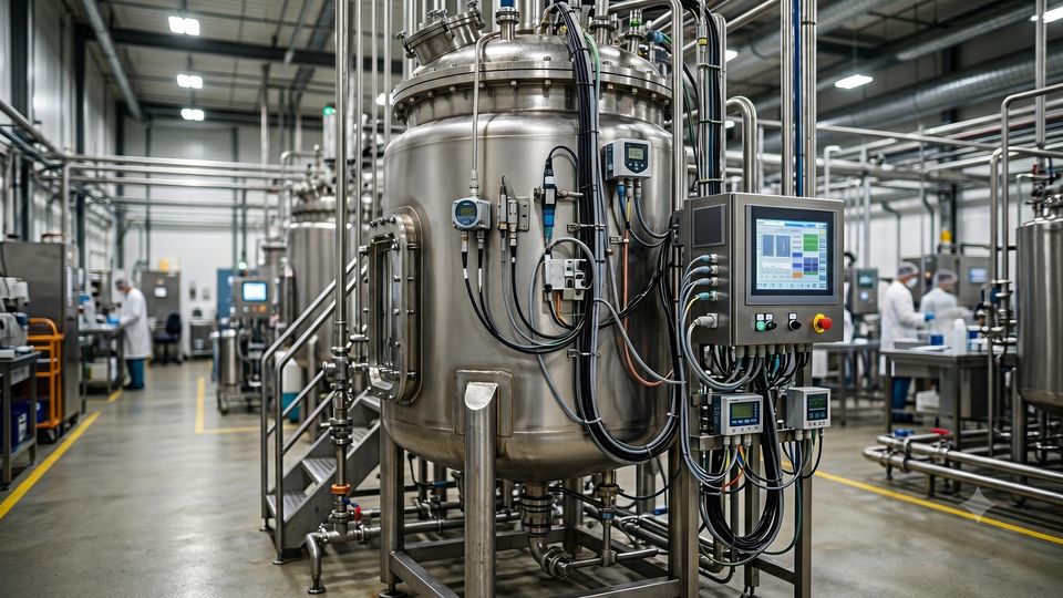 AI-generated large stainless-steel bioreactor with digital control panels and cables in a bioprocessing facility.