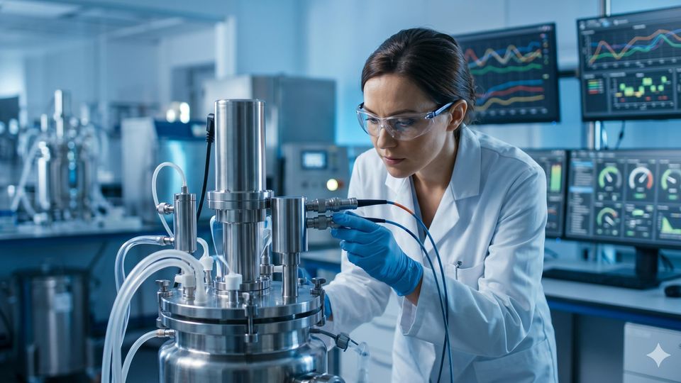 AI-generated scientist in a lab coat examining a stainless-steel bioreactor with data dashboards displayed on background screens.