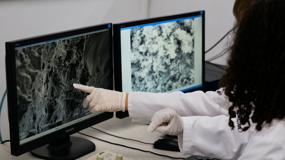 Researcher analyzing microscope images on computer monitors.