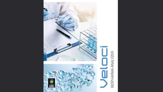 Veloci Biopharma Analyzer brochure cover featuring laboratory sample preparation imagery, molecular structures, and product branding 
