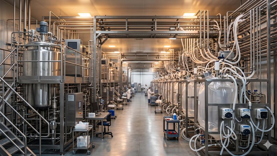 AI-generated modern bioprocessing facility with steel tanks and rows of single-use bioreactors along an aisle.