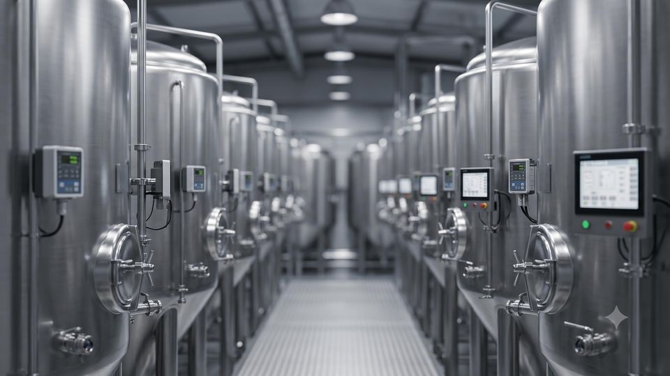 AI-generated rows of stainless steel fermentation tanks with digital monitoring screens in a modern industrial facility.
