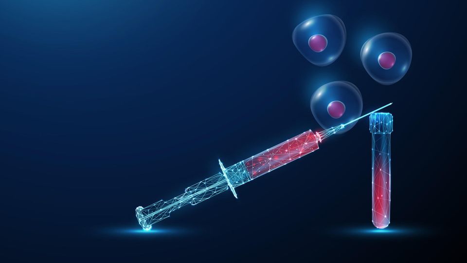 Render of an injection needle and test tube containing ref fluid, against a dark background with three cells in suspension.