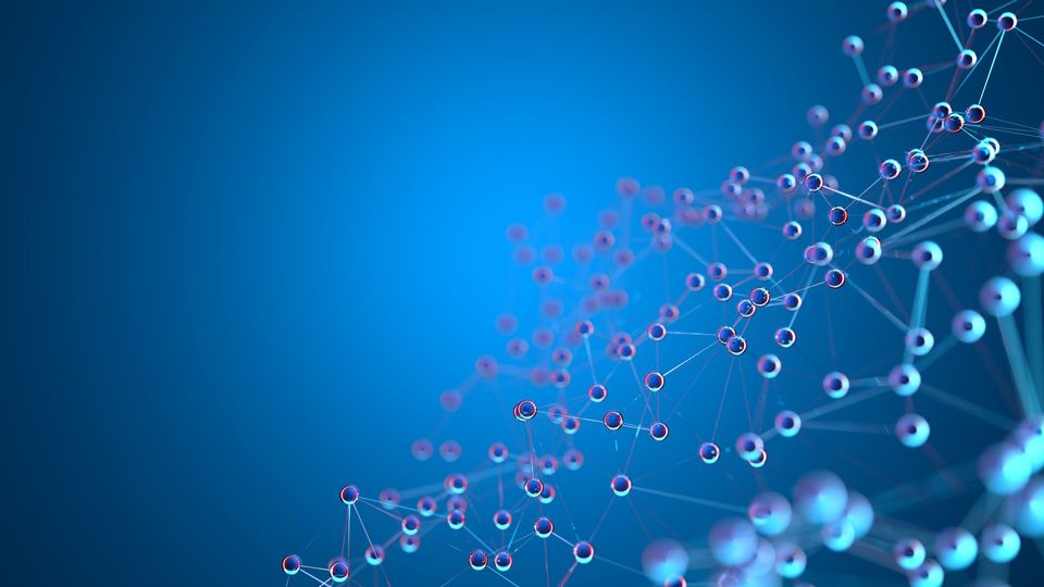 Ball and stick molecular model on a blue background.