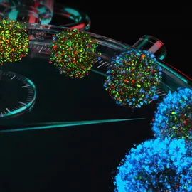 Illustration of fluorescent cells spreading across a stopwatch.