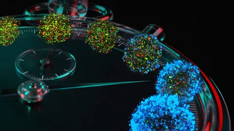 Illustration of fluorescent cells spreading across a stopwatch.