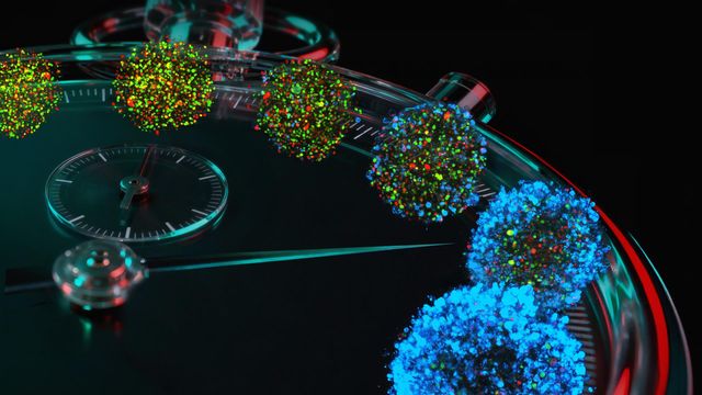 Illustration of fluorescent cells spreading across a stopwatch. 