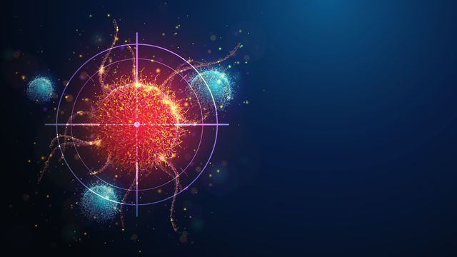 A cancer cell with a target over it and immune cells surrounding, illustrating immunotherapy. 