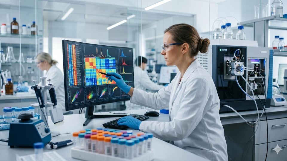 AI-generated scientist points at colorful data visualizations on a monitor in a modern laboratory with a mass spectrometer.