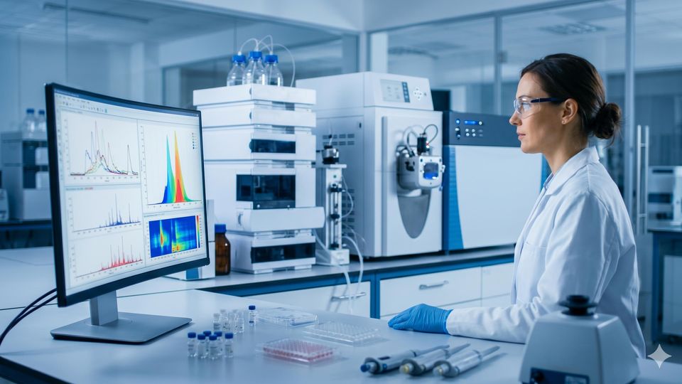 AI-generated scientist reviews spectral data on a monitor in a modern biopharmaceutical analytical laboratory.