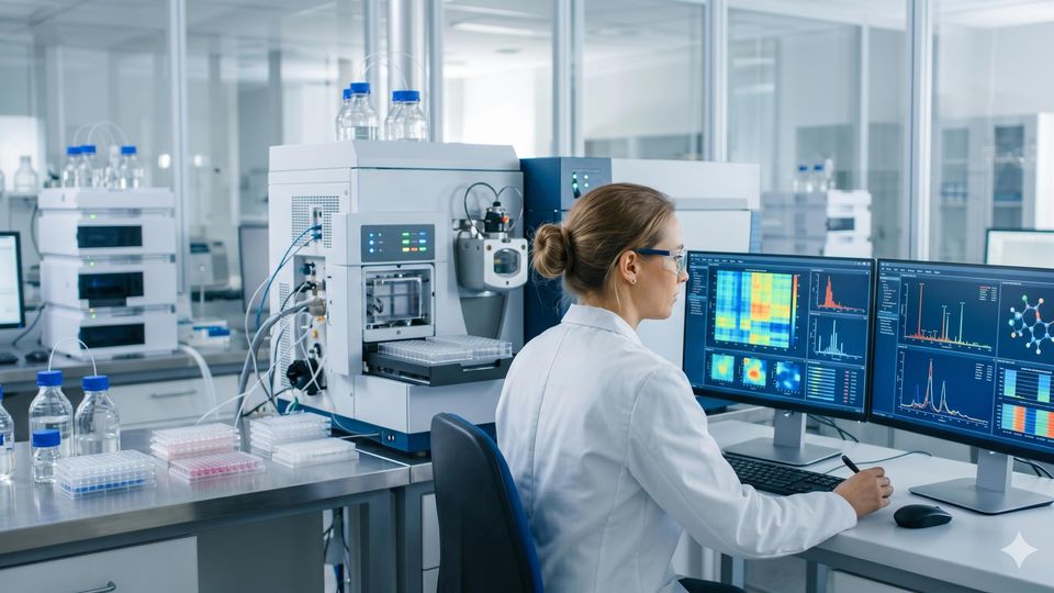 AI-generated scientist reviews data visualizations on dual monitors at a mass spectrometer workstation in a modern lab.