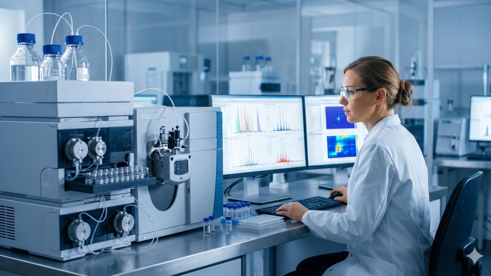 AI-generated scientist in a lab coat works at a multi-screen computer in a high-tech lab.