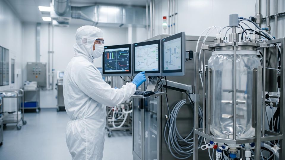 AI-generated scientist in a cleanroom suit checks monitoring screens next to a single-use stirred-tank bioreactor.