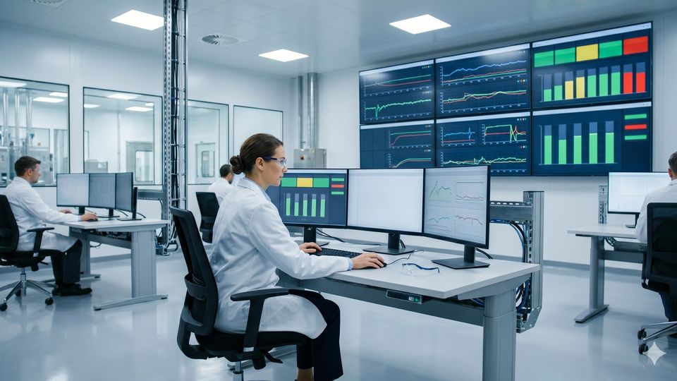 AI-generated scientists analyze real-time data at workstations in a modern biopharmaceutical manufacturing control room.